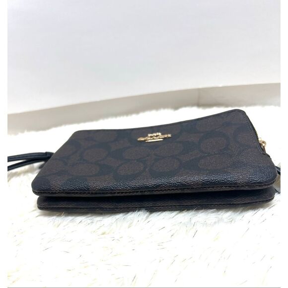 Coach Double  Corner Zip Wristlet Wallet in Sig Canvas F87591 Brown/Black - Picture 3 of 5